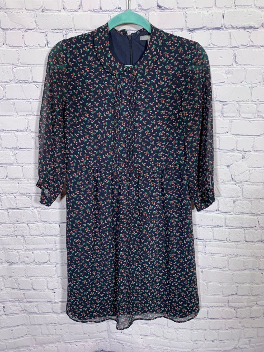 Uniqlo Womens Mini Length Floral Dress Peter Pan Collar Blue S Cottage Prairie